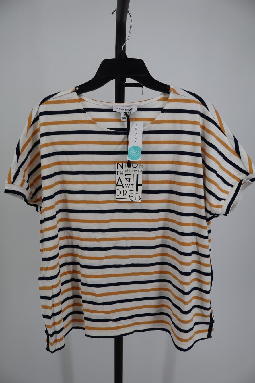 NEW 41 Hawthorn Striped Tee Women's Yellow Black Boat Neck Short Sleeve Size XL